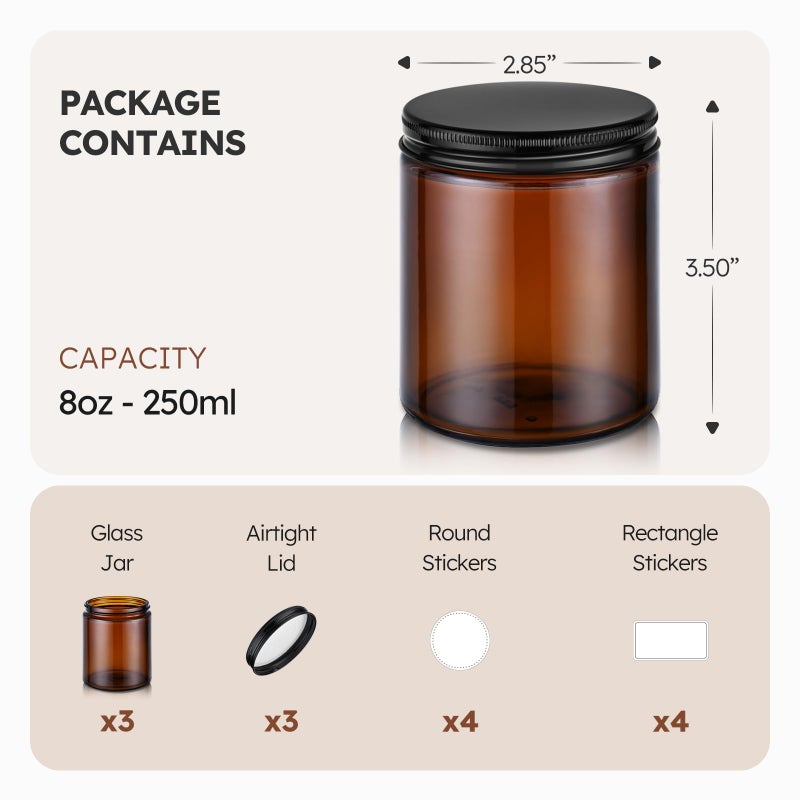 Tecohouse 8oz Amber Glass Jars with Metal Lids, 3 Pack Candle Jars with Blank Labels, 250g Wide Mouth | Lotion Container for Sample, Cream, Lotion, Honey, Powder, Jelly | Home & Beauty - Image 3