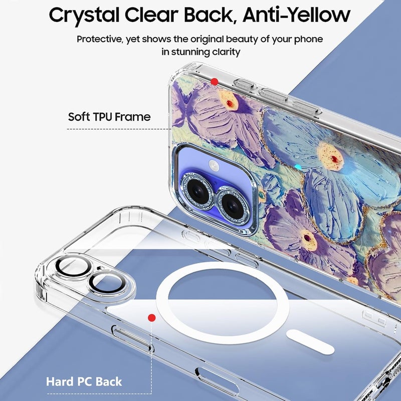 Elzzi Compatible with iPhone 16 Case 3D Laser Flower Oil Painting Cute Colorful Blue Ray Bumper with Full Camera Protection Shockproof PC+TPU Glossy Shiny Cover for Girls Women, Green - Image 4