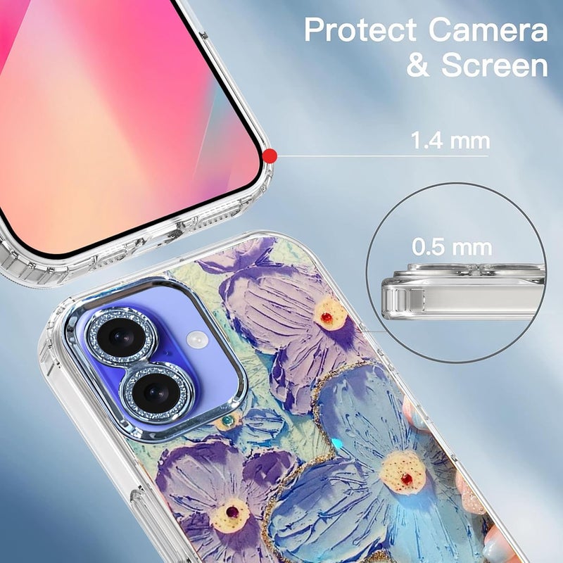 Elzzi Compatible with iPhone 16 Case 3D Laser Flower Oil Painting Cute Colorful Blue Ray Bumper with Full Camera Protection Shockproof PC+TPU Glossy Shiny Cover for Girls Women, Green - Image 3