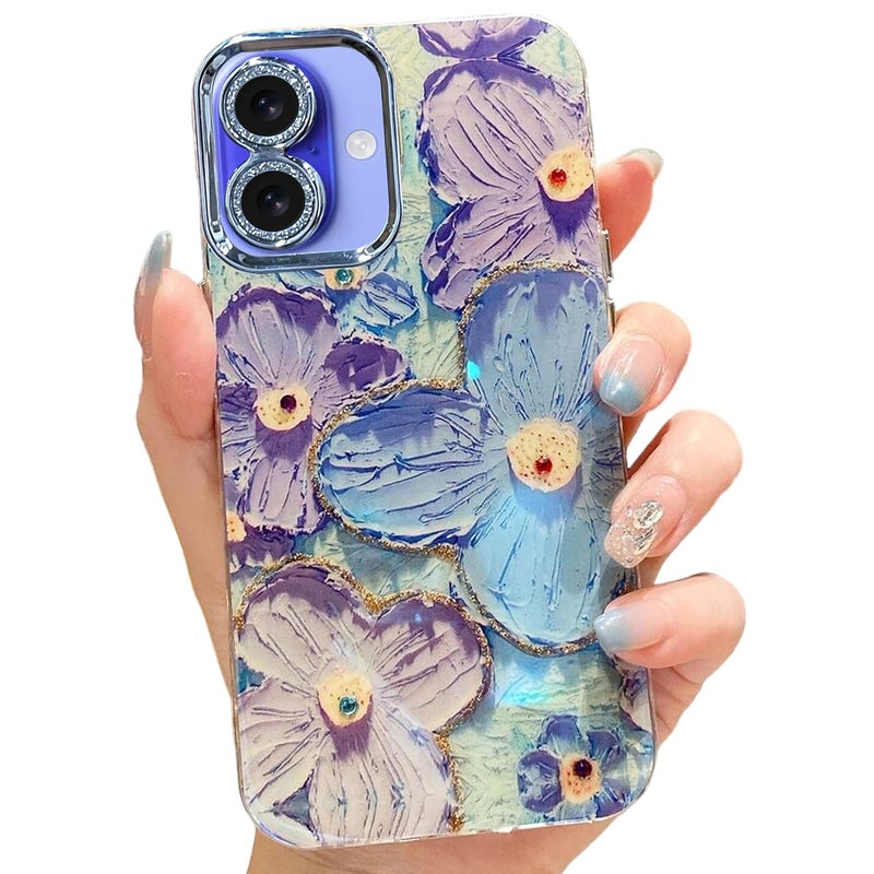 Elzzi Compatible with iPhone 16 Case 3D Laser Flower Oil Painting Cute Colorful Blue Ray Bumper with Full Camera Protection Shockproof PC+TPU Glossy Shiny Cover for Girls Women, Green - Image 1