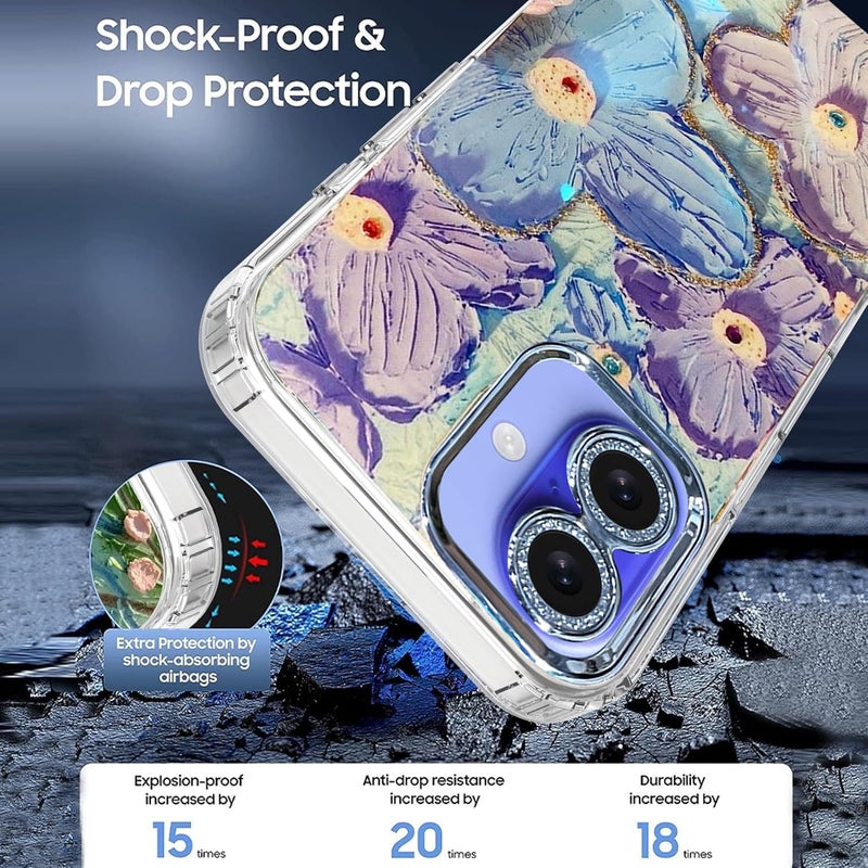 Elzzi Compatible with iPhone 16 Case 3D Laser Flower Oil Painting Cute Colorful Blue Ray Bumper with Full Camera Protection Shockproof PC+TPU Glossy Shiny Cover for Girls Women, Green - Image 5