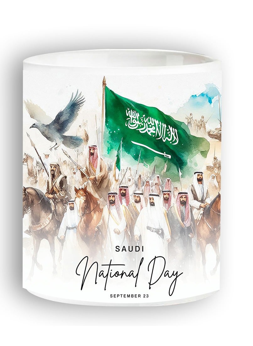 اليوم الوطني ، مج من السيراميك بطبعة تصميم لليوم الوطني السعودي بلون أبيض