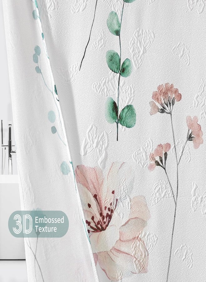 QiyI Watercolor Floral Shower Curtain, 3D Embossed Butterflies Sage Green Flower Bathroom Curtain, Minimalist White Cloth Bath Curtain, Waterproof Fabric Textured Shower Curtain Set with Hooks, 72x72 - Image 4