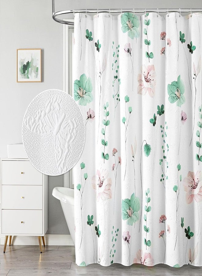 QiyI Watercolor Floral Shower Curtain, 3D Embossed Butterflies Sage Green Flower Bathroom Curtain, Minimalist White Cloth Bath Curtain, Waterproof Fabric Textured Shower Curtain Set with Hooks, 72x72 - Image 1