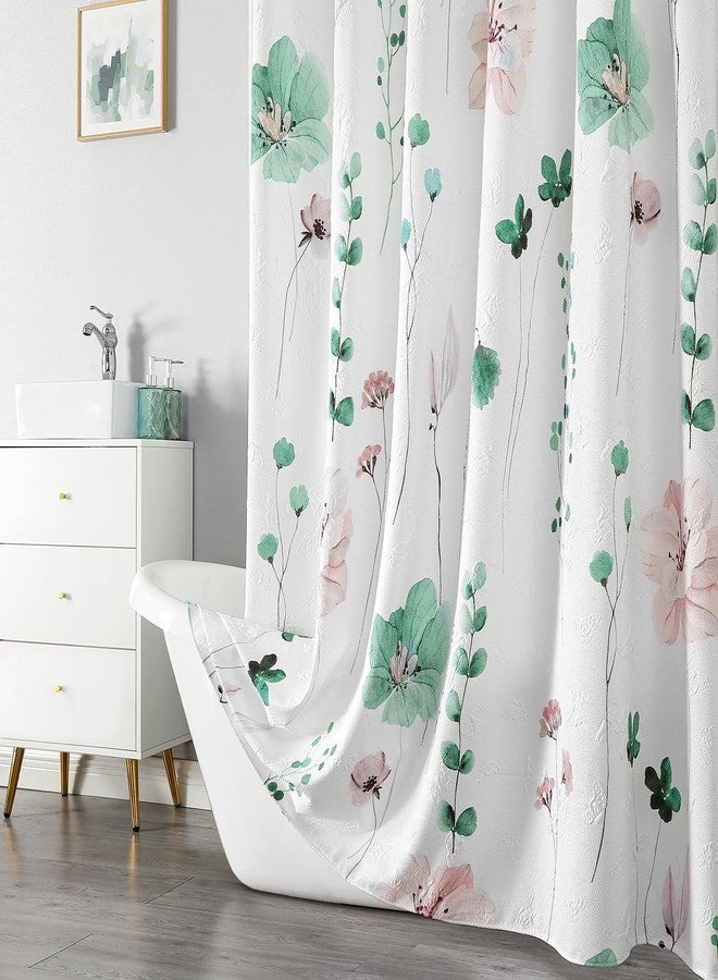 QiyI Watercolor Floral Shower Curtain, 3D Embossed Butterflies Sage Green Flower Bathroom Curtain, Minimalist White Cloth Bath Curtain, Waterproof Fabric Textured Shower Curtain Set with Hooks, 72x72 - Image 2