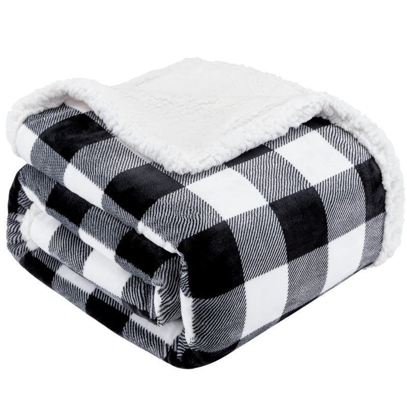 Touchat Sherpa Plaid Twin Blanket 60 X 70 Fuzzy Fluffy Soft Cozy Throw Blanket Twin Size Plush Fleece Flannel Plush Microfiber Blanket for Couch Bed Sofa Black
