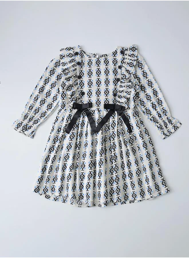 بيلا مودا All-Over Print Bow Detail Dress with Long Sleeves