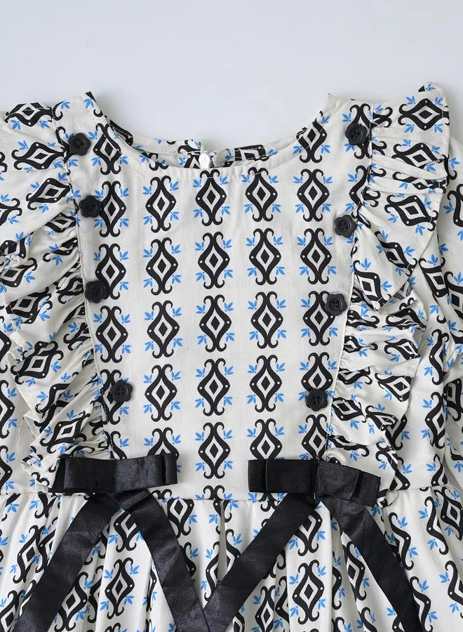 BELLA MODA BELLA MODA All-Over Print Bow Detail Dress with Long Sleeves