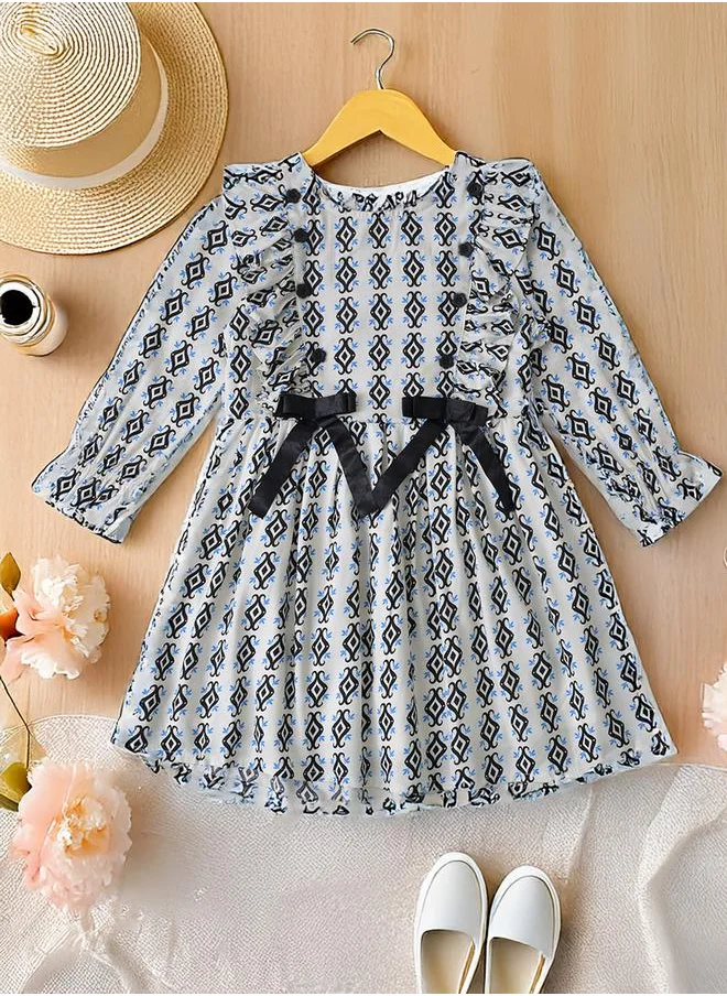 بيلا مودا All-Over Print Bow Detail Dress with Long Sleeves