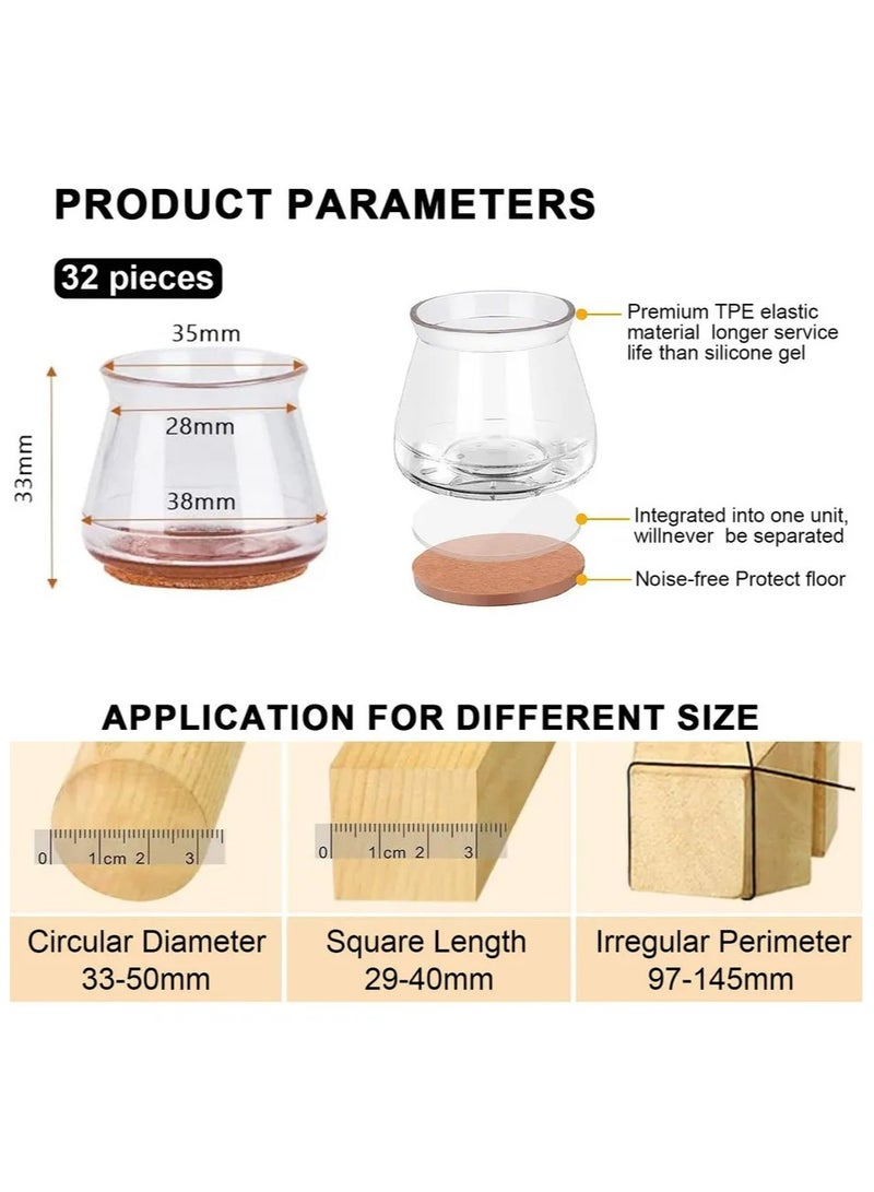 32-Piece Silicone Chair Leg Protectors for Hardwood Floors – Square Non-Slip Caps (34-50cm), Thick & Durable, Scratch-Resistant Floor Guards (Clear) - Image 3