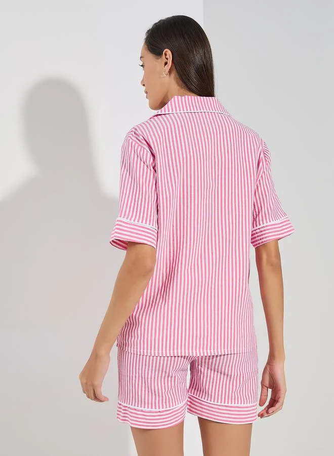 ستايلي Cotton Linen Stripe Button Through Shirt & Shorts Set