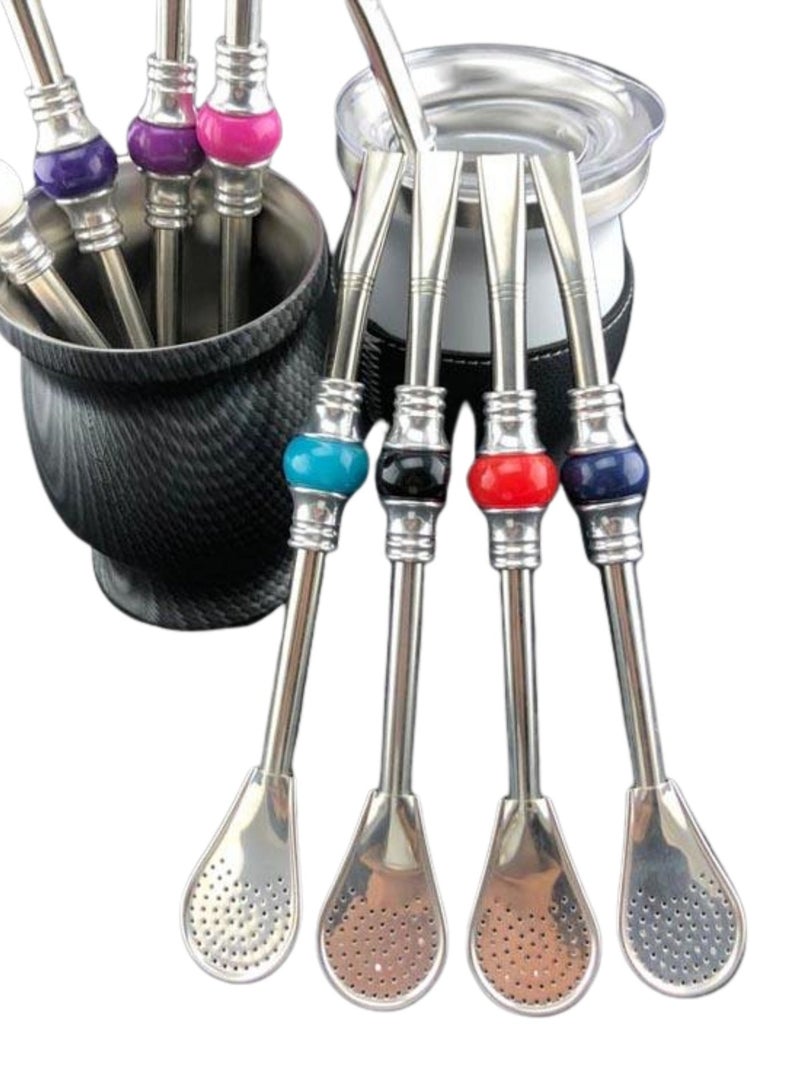 Yerba Mate Bombilla Straw with Filter Spoon & Cleaning Brush, Stainless Steel, Colorful Bead - Image 3