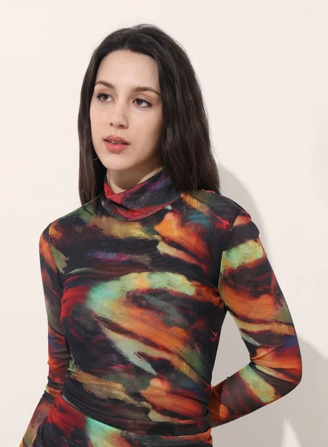Freehand  Women Flared Abstract Printed High Neck Long Sleeve Midi Dress for Women | Best Price UAE
