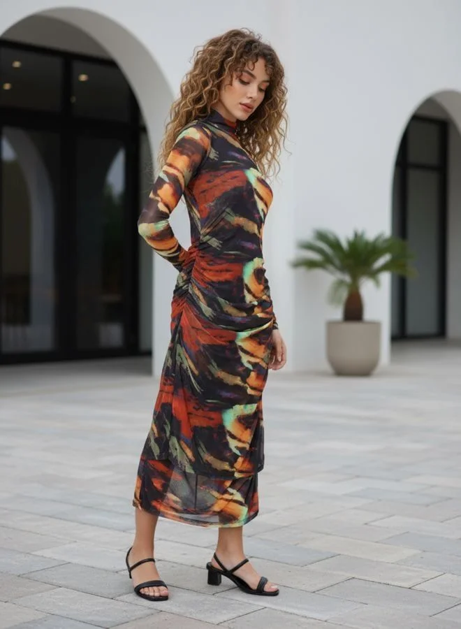 Freehand  Women Flared Abstract Printed High Neck Long Sleeve Midi Dress for Women | Best Price UAE