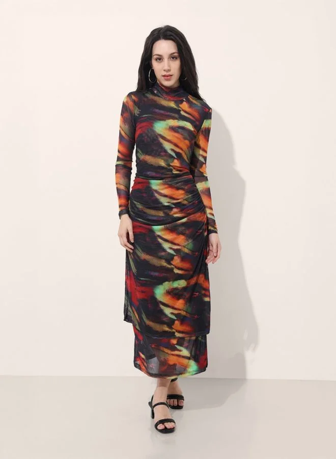 Freehand  Women Flared Abstract Printed High Neck Long Sleeve Midi Dress for Women | Best Price UAE