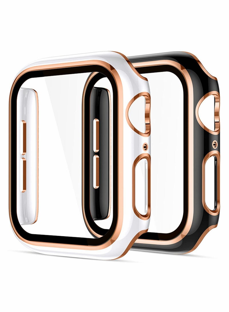 KASTWAVE Cases Compatible with Apple Watch Series 7 41mm, 2Pcs with Tempered Glass Screen Protector Electroplated Rose Gold Edge Slim Case Cover for Women Men(Black/White) - Image 1