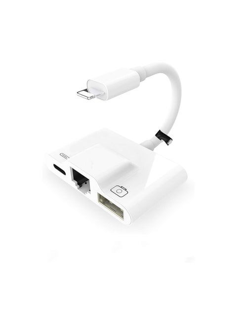 3 in 1 Lightning to Ethernet Adapter – RJ45 Network + USB OTG + Fast Charging for iOS Devices – White