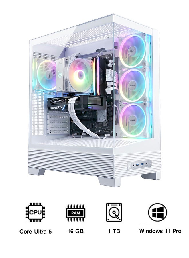 انفني ارك INFINIARC 5060ti جهاز كمبيوتر مكتبي للألعاب (Intel Core Ultra 5, RTX 5060ti 8G GPU, 16GB DDR5 RAM, 1TB SSD, لوحة أم B860, صندوق ASUS A31, مبرد هوائي رقمي ARGB, مزود طاقة 750W Gold, Windows PRO) أبيض - Image 1