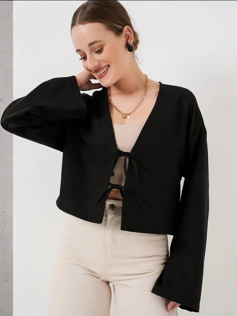 Big Dart Black BDART Viscose Blend V-Neck Long Sleeve Kimono with Binding Detail for Women | Best Price UAE