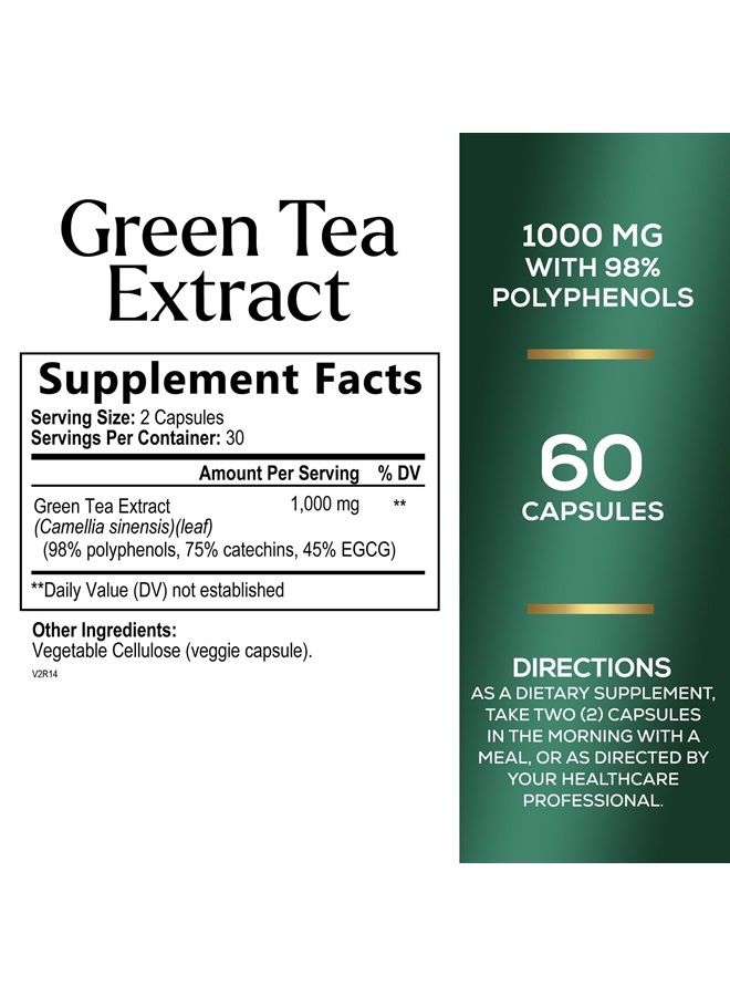 SilverOnyx Green Tea Extract Capsules with 98% Standardized EGCG - 3X Absorption Green Tea Pills 1000mg for Natural Energy - Heart Support with Polyphenols and Antioxidants, Gentle Caffeine - 60 Capsules - Image 2