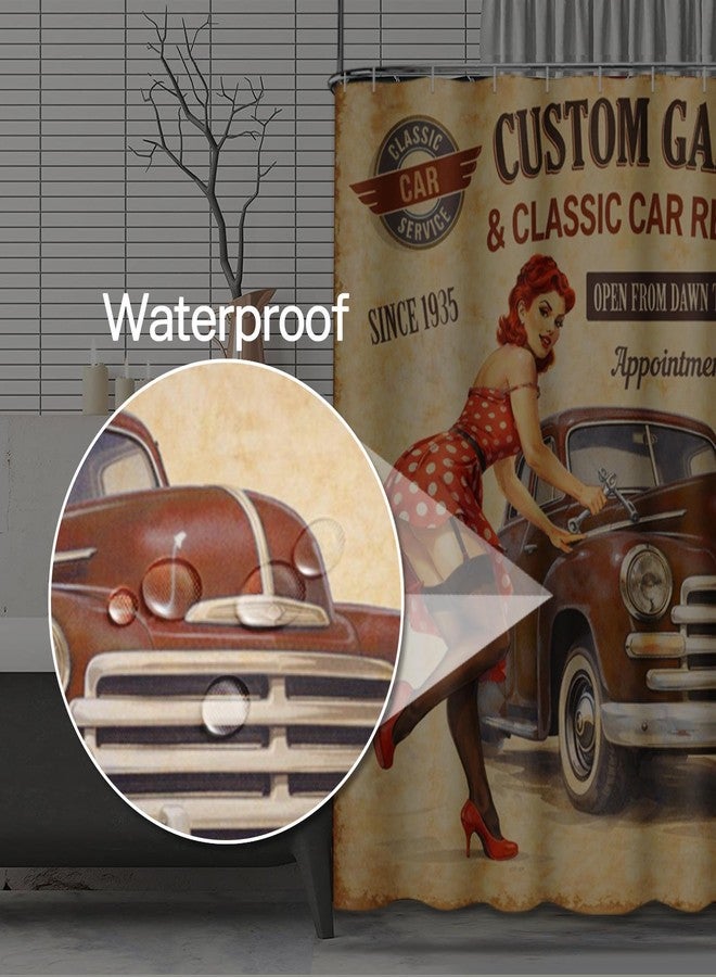 Emvency Decorative Shower Curtain Car Vintage Garage Retro Girl 1960S Mechanic Classic Signboard 1950S Aged 72"x78" Waterproof Bathroom Shower Curtain Set with Hooks - Image 4