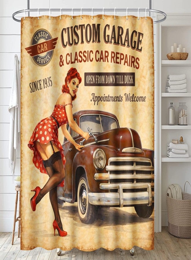 Emvency Decorative Shower Curtain Car Vintage Garage Retro Girl 1960S Mechanic Classic Signboard 1950S Aged 72"x78" Waterproof Bathroom Shower Curtain Set with Hooks - Image 5
