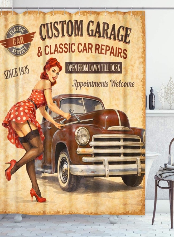 Emvency Decorative Shower Curtain Car Vintage Garage Retro Girl 1960S Mechanic Classic Signboard 1950S Aged 72"x78" Waterproof Bathroom Shower Curtain Set with Hooks - Image 1