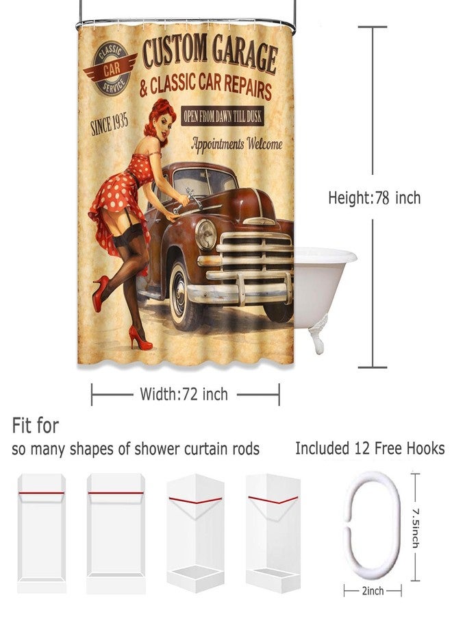 Emvency Decorative Shower Curtain Car Vintage Garage Retro Girl 1960S Mechanic Classic Signboard 1950S Aged 72"x78" Waterproof Bathroom Shower Curtain Set with Hooks - Image 2