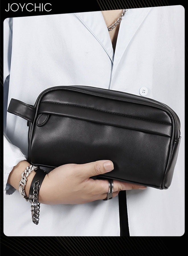 Joychic Trendy Men's PU Waterproof and Wear Resistant Business Clutch Casual Travel Large Capacity Portable Toiletry Bag Black - Image 1