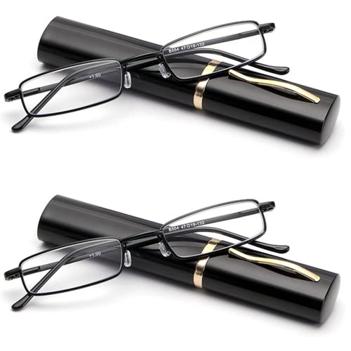 Viseng 2 pairs Slim Mini Metal Reading Glasses Compact Lightweight Portable Readers with Glasses Case for Reading Case +1.5 (Black) - Image 1
