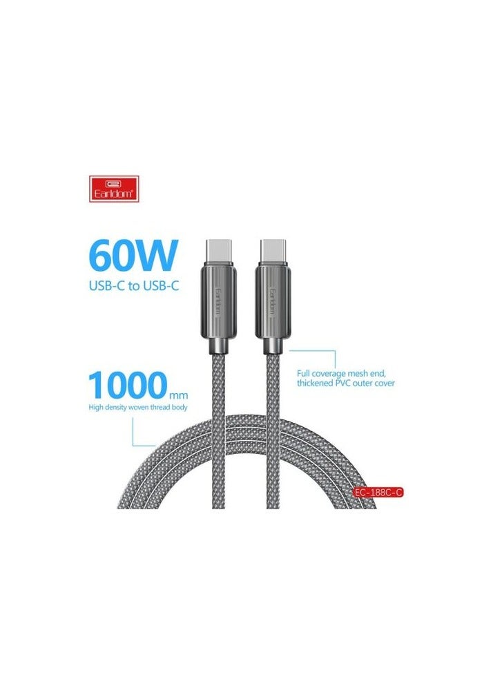 Earldom EC-188C-C Type-C to Type-C Cable – 60W PD Fast Charging, Nylon Braided USB-C Cable, 1M, Black - Image 2