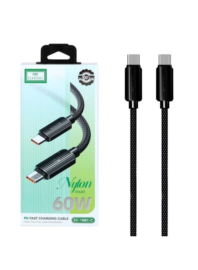 Earldom EC-188C-C Type-C to Type-C Cable – 60W PD Fast Charging, Nylon Braided USB-C Cable, 1M, Black - Image 1