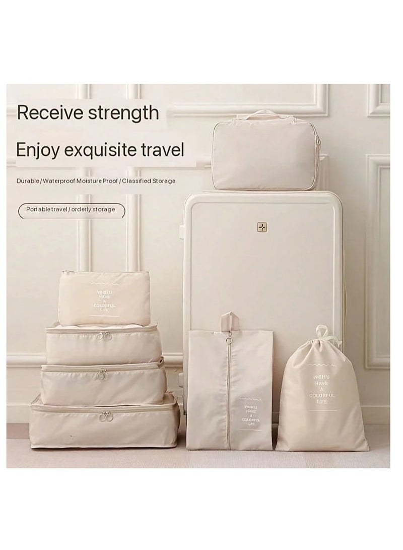 7-Piece Beige Travel Organizer Set Large-Capacity Waterproof Packing Cubes for Clothes, Shoes & More Boho Vibes - Image 4