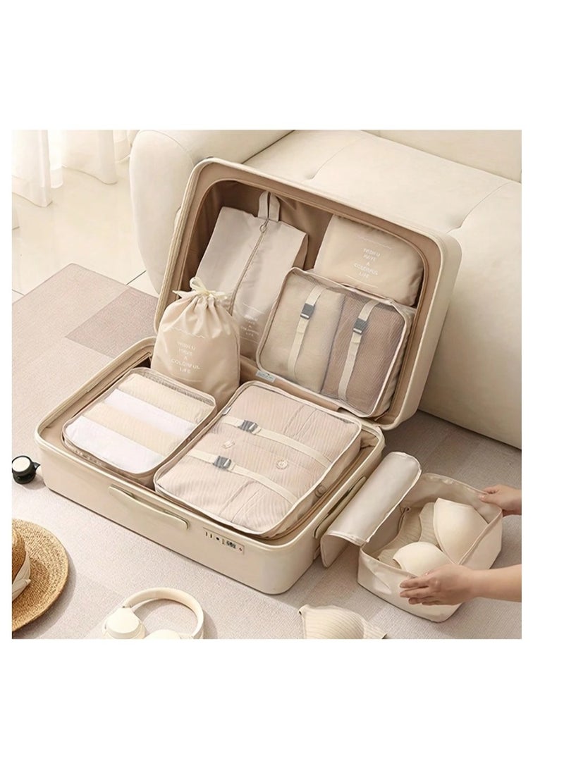 7-Piece Beige Travel Organizer Set Large-Capacity Waterproof Packing Cubes for Clothes, Shoes & More Boho Vibes - Image 2