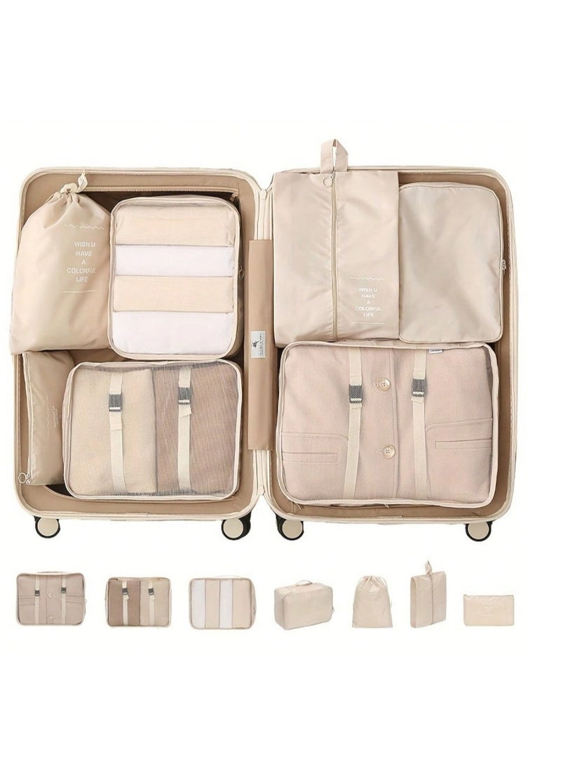 7-Piece Beige Travel Organizer Set Large-Capacity Waterproof Packing Cubes for Clothes, Shoes & More Boho Vibes - Image 1