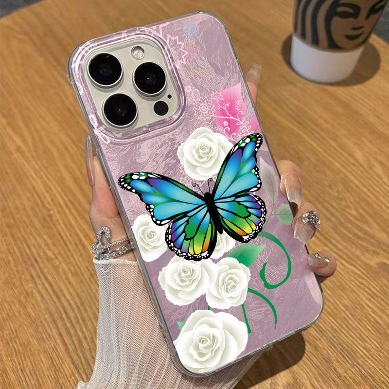 Apple iPhone 14 Pro Phone Case, TPU Shockproof, Stylish and Creative Painted Rose and Butterfly Drop-Proof Phone Case (Light Purple)