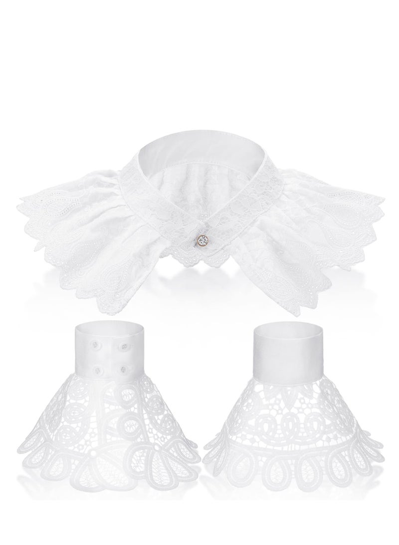 إسكدنيا White Victorian Lace Jabot and Cuffs Set for  Costume, Colonial Cosplay Ruffle Lace Collar and Detachable Faux Sleeves (3 Pieces), Comfortable and Stylish Accessory. - Image 1
