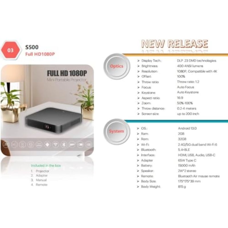 جهاز عرض صغير محمول DLP 1080 HD، أبيض، تصميم مضغوط مع مكبر صوت مدمج، منافذ متعددة، متوافق مع USB - Image 4