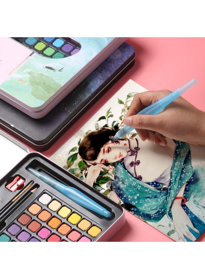 NOVOLAN Oil Painting Watercolor Set, Solid Watercolor Pigment Powder Set 48 Color Iron Box Beginners Cross-Border 10-Piece Set Comes With Fountain Pen, Pencil, Nylon Brush, Sharpener (Black box) - Image 2