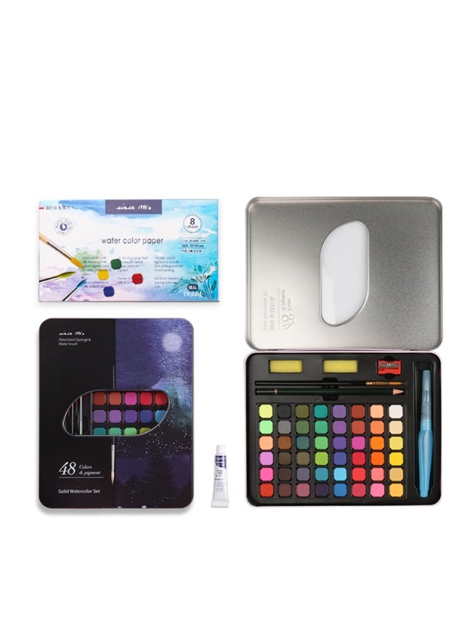 NOVOLAN Oil Painting Watercolor Set, Solid Watercolor Pigment Powder Set 48 Color Iron Box Beginners Cross-Border 10-Piece Set Comes With Fountain Pen, Pencil, Nylon Brush, Sharpener (Black box) - Image 1