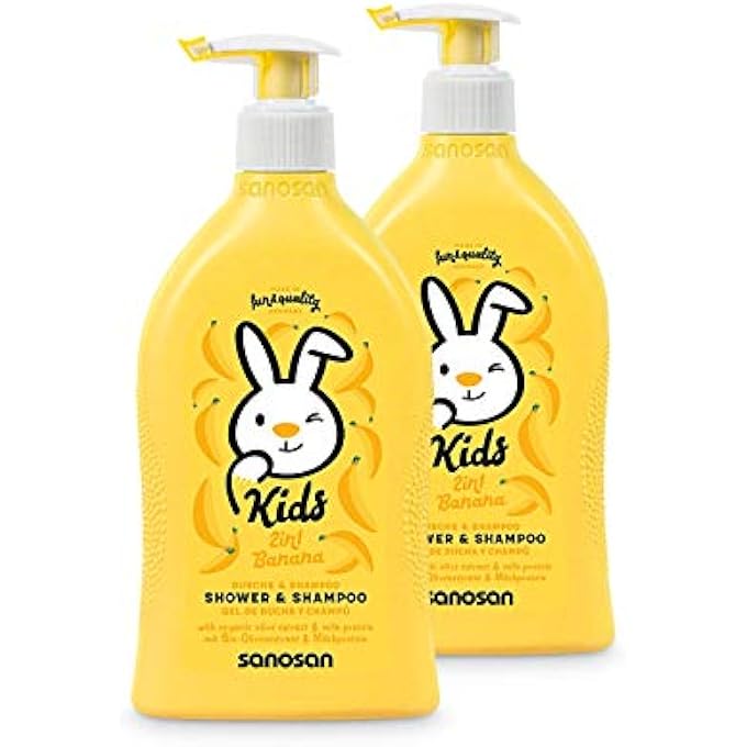 sanosan 2-IN-1 SHOWER & SHAMPOO BANANA FOR CHILDREN - SHOWER GEL & HAIR SHAMPOO WITH ORGANIC OLIVE EXTRACT & MILK PROTEIN IN PACK OF 2 (2 X 400 ML) - HAIR CARE, SKIN CARE, SHOWER GEL, HAIR SHAMPOO - Image 1