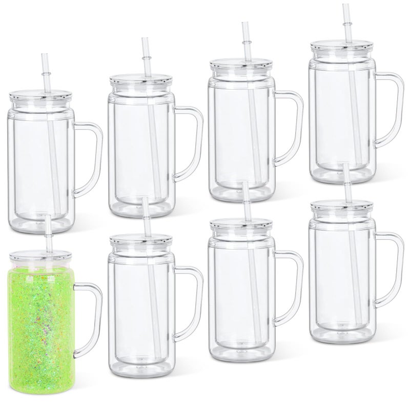 Micellwuu 16 Oz 8 Pack Acrylic Snowglobe Tumbler With Handle, Snow Globe Cups with Pre Drilled Hole, Double Wall Plastic Cup With Handle for Snow Globe Glitter DIY (Clear) - Image 1