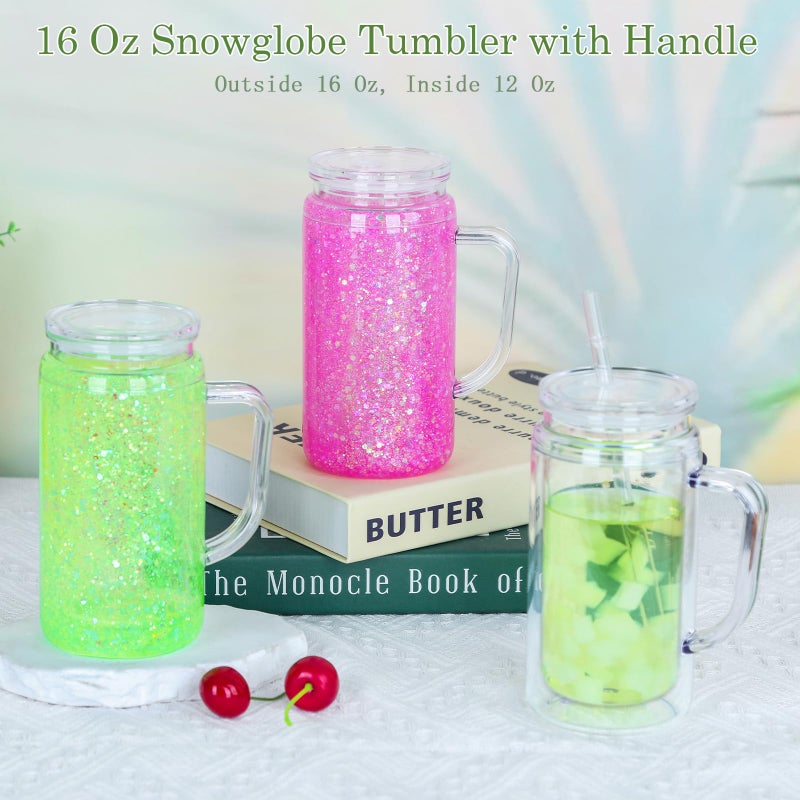 Micellwuu 16 Oz 8 Pack Acrylic Snowglobe Tumbler With Handle, Snow Globe Cups with Pre Drilled Hole, Double Wall Plastic Cup With Handle for Snow Globe Glitter DIY (Clear) - Image 4