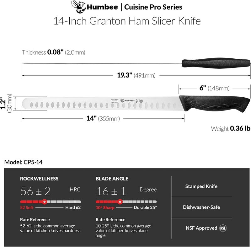 Humbee Carving Knife 14-Inch with Razor Sharp Granton Edge for Turkey, Ham, Meat Slicing and Cutting – NSF Certified, German Stainless Steel Blade, Black - Image 4