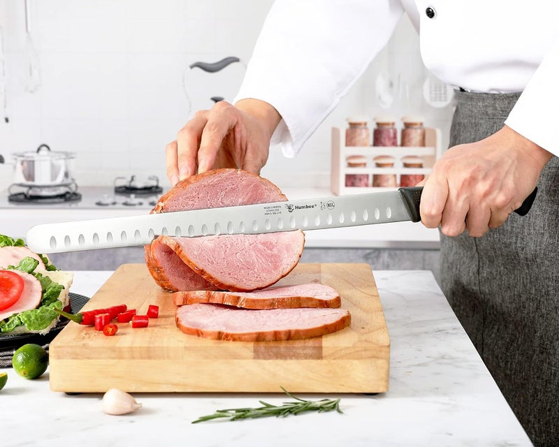 Humbee Carving Knife 14-Inch with Razor Sharp Granton Edge for Turkey, Ham, Meat Slicing and Cutting – NSF Certified, German Stainless Steel Blade, Black - Image 5