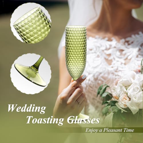 SKLENICE Plastic Champagne Flutes Champagne Glasses Unbreakable Wedding Toasting Glasses Reusable Diamond Wine Glasses Crystal Clear Party Wine Cups Vintage Drinking Glasses 5.5 OZ for Wedding (24, Green) - Image 3
