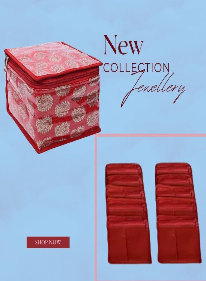 PRISMAXIC Brocade Jewellery kit with 10 Pouch Solid Print With Waterproof Outer Material 10 Pouches Zipper Closure Size 19 x 18 x 13, Pack of 1 (Red) - Image 2