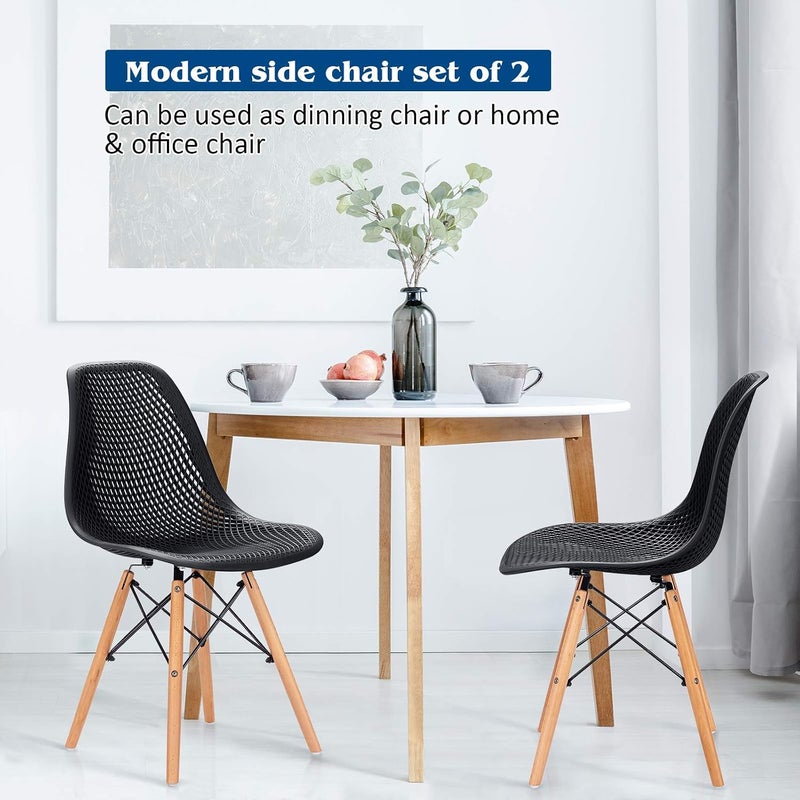 Giantex Set of 2 Modern Dining Chairs, Outdoor Indoor Shell PP Lounge Side Chairs with Mesh Design, Beech Wood Legs, Tulip Leisure Chairs, DSW Dining Chairs for Kitchen, Dining Room, Black - Image 3