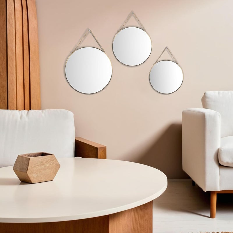 HOME ELEMENTS Round Wall Mirror Set with Hanging Chain Scratchproof Silver Mirror Decorative Golden Metal Frame Mirror for Aesthetic Room Decor Bathroom Bedroom Living Room Pack of 3 - Image 4