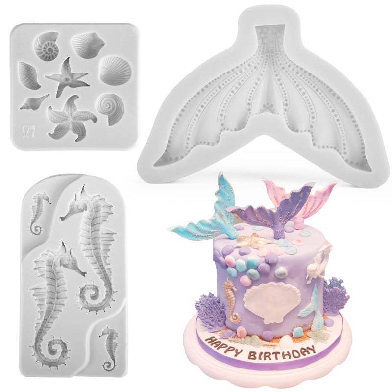 Beasea Mermaid Cake Fondant Mold  3 Pcs Seahorse Seashell Starfish Mermaid Tail Silicone Mold Chocolate Shells Baking Molds for Cake Decorating  Mermaid Chocolate Mold for Candy Melts  Cupcake - Image 1